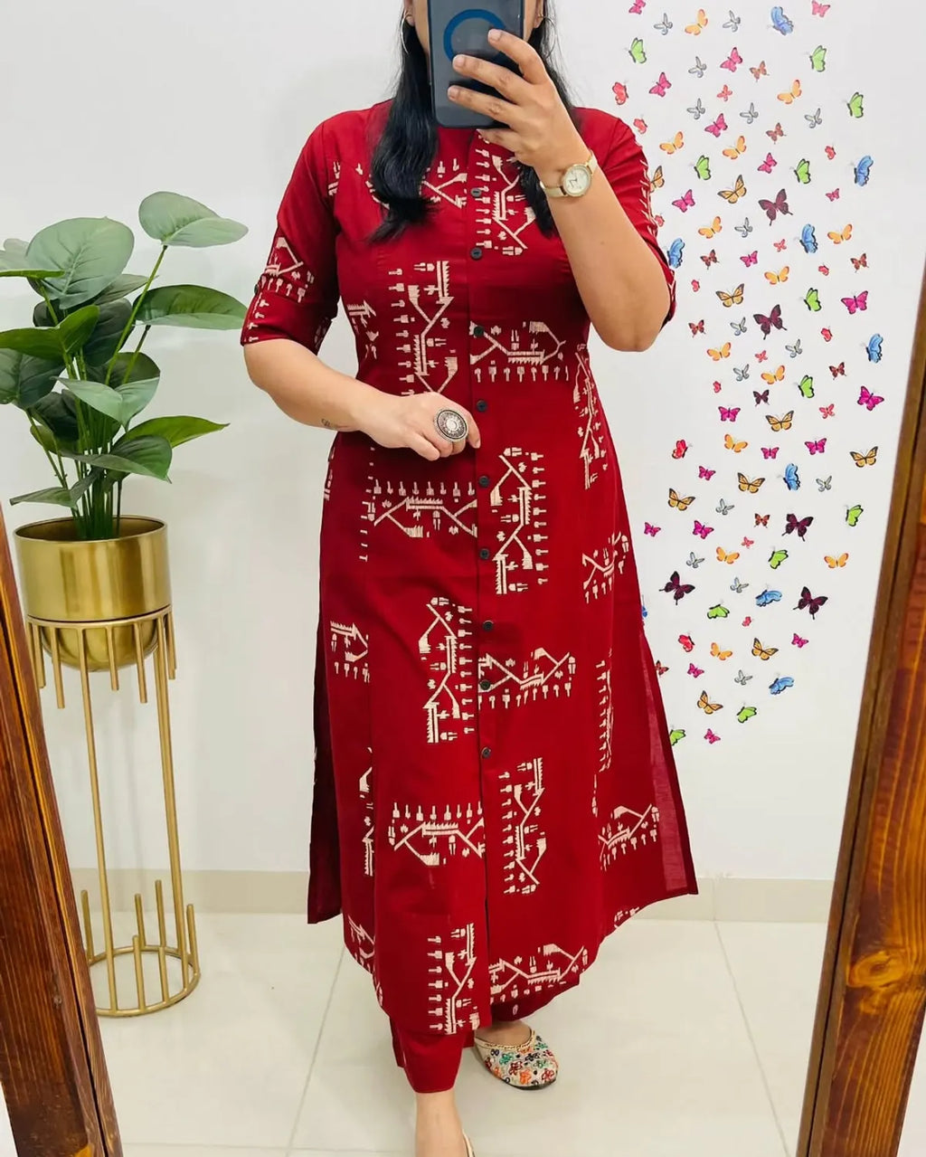 Jaipur Printed-Cotton-Red-Kurti-Plazo-Set