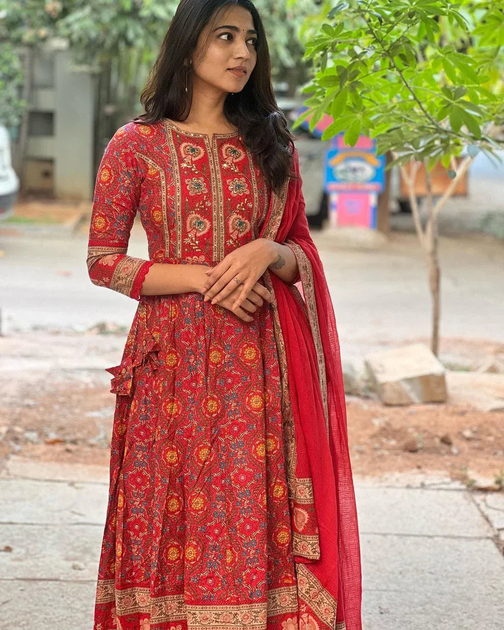 Women’s Designer Cotton Anarkali Kurta Set with Embroidered Kurta, Pant & Dupatta