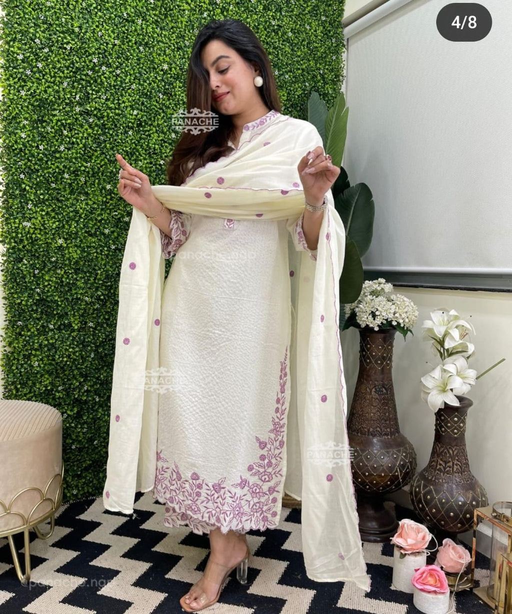 Elegant Off-White and Lavender Embroidered Lawn Suit