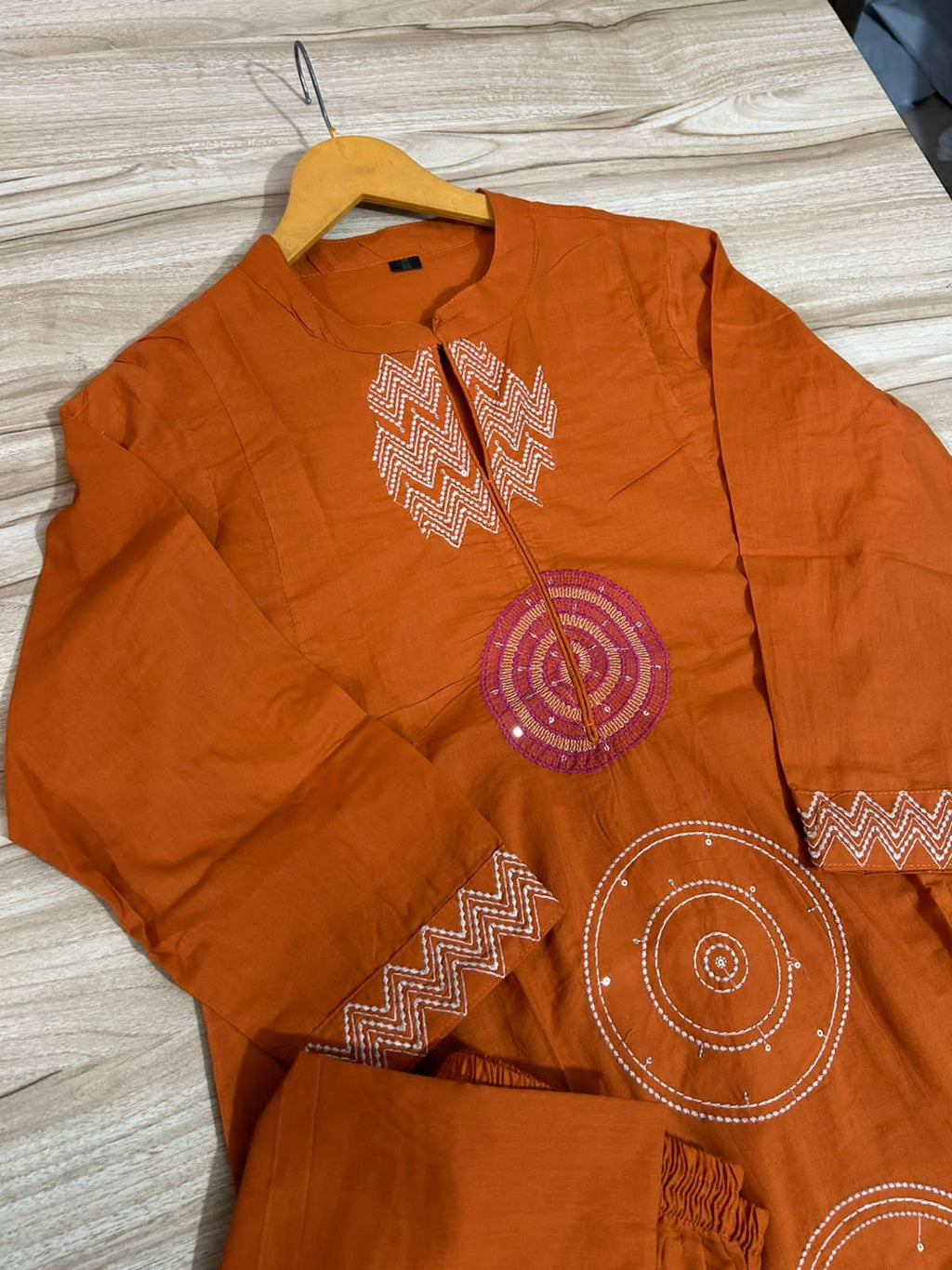 Rust Orange Embroidered Cotton Suit Set with Dupatta