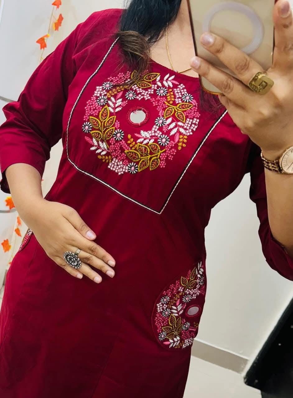 Maroon Embroidered Straight Kurta Set with Pants for Women