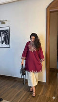Maroon Embroidered Kurta Pant Set for Women