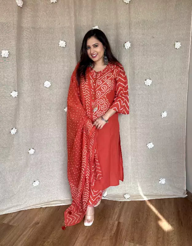 Rust Orange Cotton Bandhani Kurta Set with Dupatta for Women
